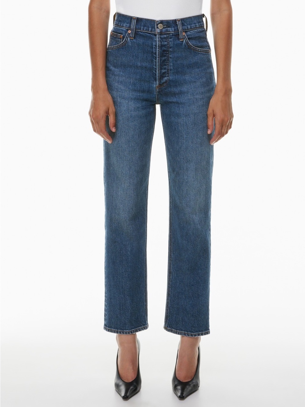Denim Forum| High-Rise Straight Leg Stretch Blue Denim Button Fly Jeans Sz 27